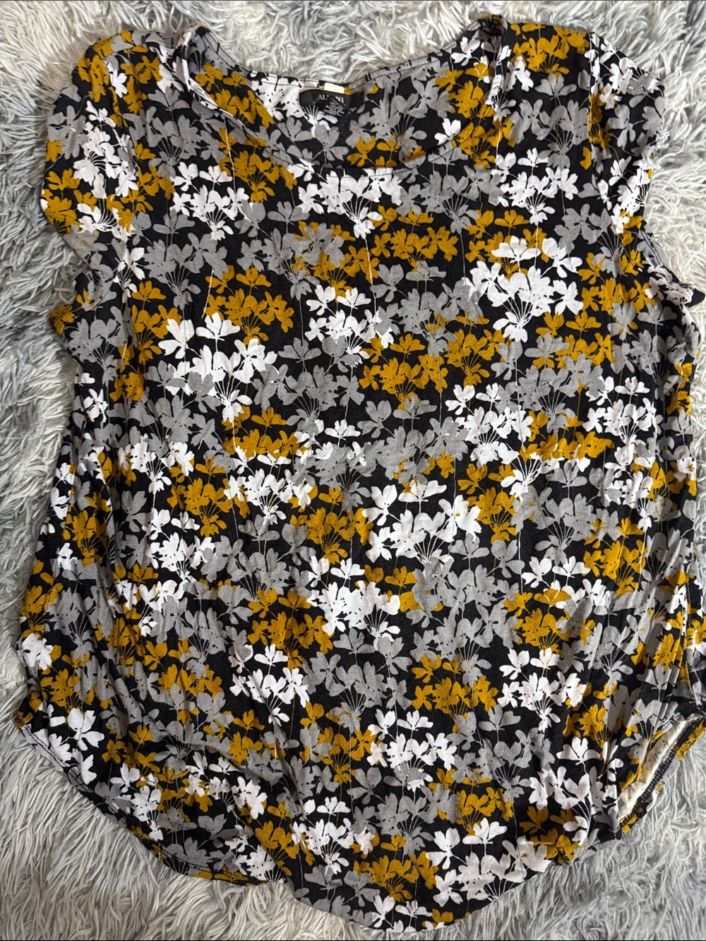 Alfani Short-Sleeve Floral Top in Black, Mustard & White